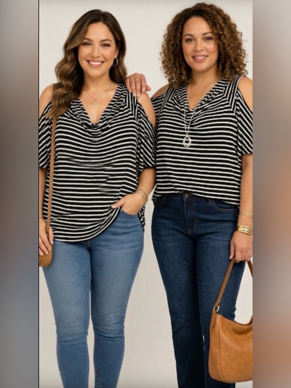 Black & White Striped Cold-Shoulder V-Neck Women's Top